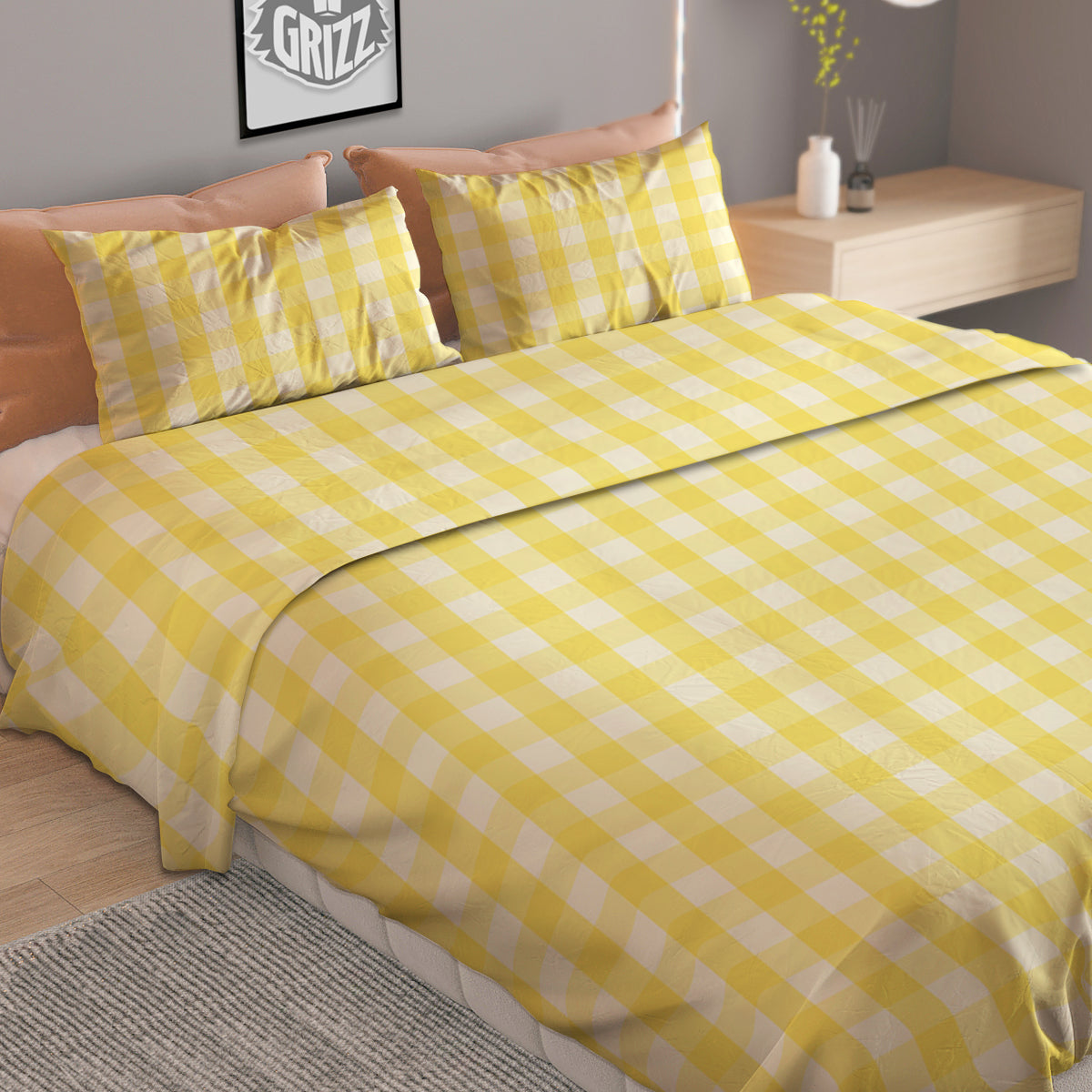Check Yellow And White Print Pattern Duvet Cover Bedding Set