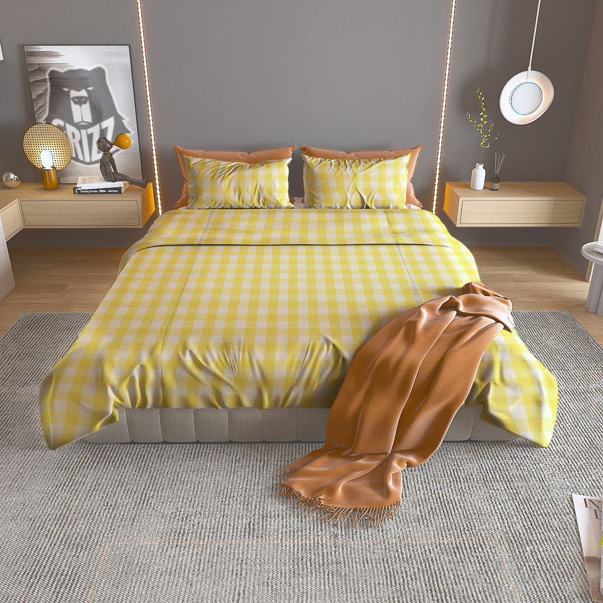 Check Yellow And White Print Pattern Duvet Cover Bedding Set