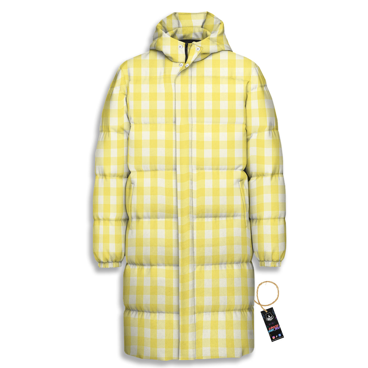 Check Yellow And White Print Pattern Long Down Jacket-grizzshop