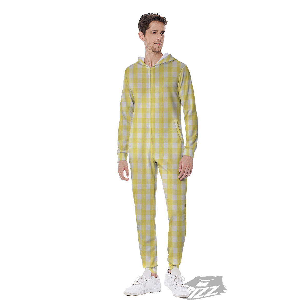 Check Yellow And White Print Pattern Men's Jumpsuit-grizzshop