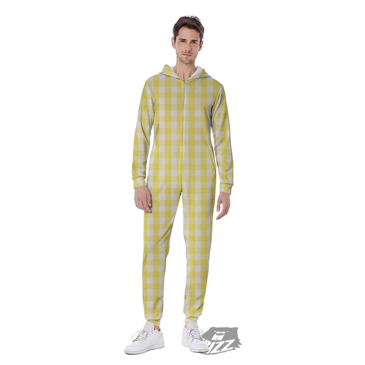 Check Yellow And White Print Pattern Men's Jumpsuit-grizzshop