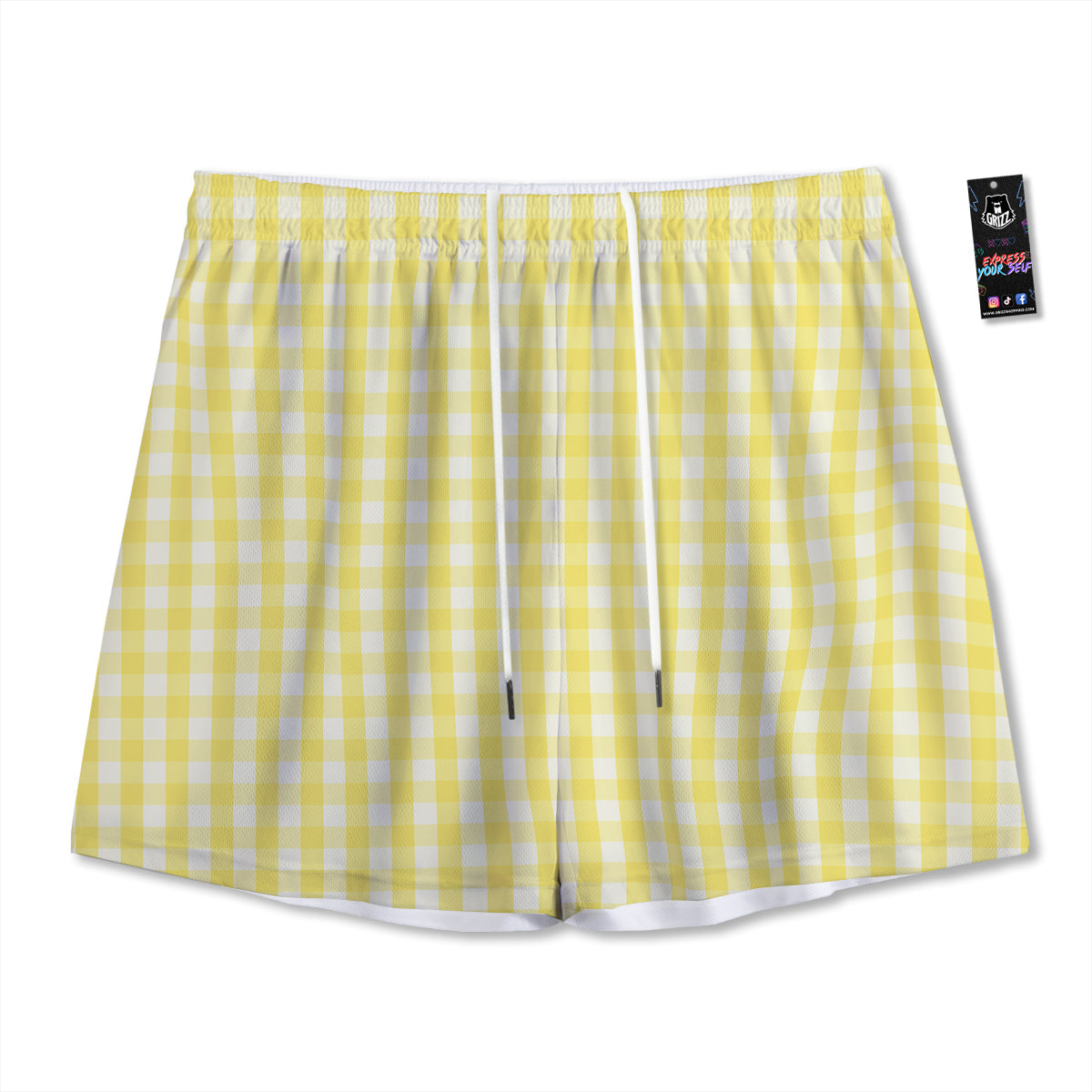 Check Yellow And White Print Pattern Mesh Shorts