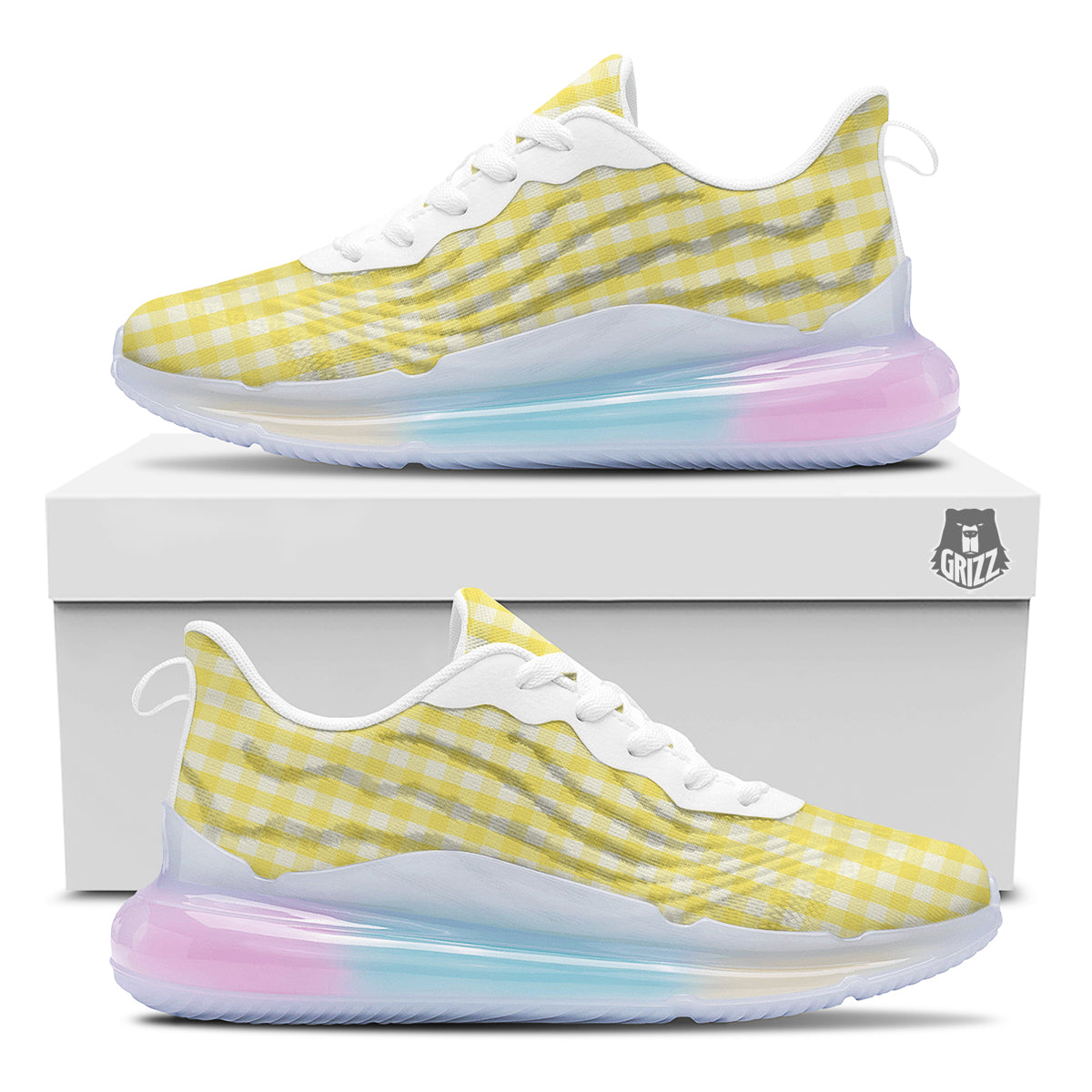 Check Yellow And White Print Pattern Running Sneakers-grizzshop