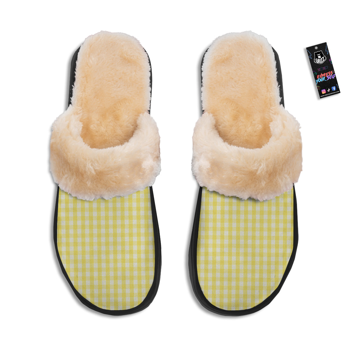 Check Yellow And White Print Pattern Slippers-grizzshop