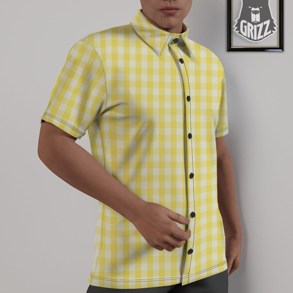 Check Yellow And White Print Pattern Untucked Shirts-grizzshop