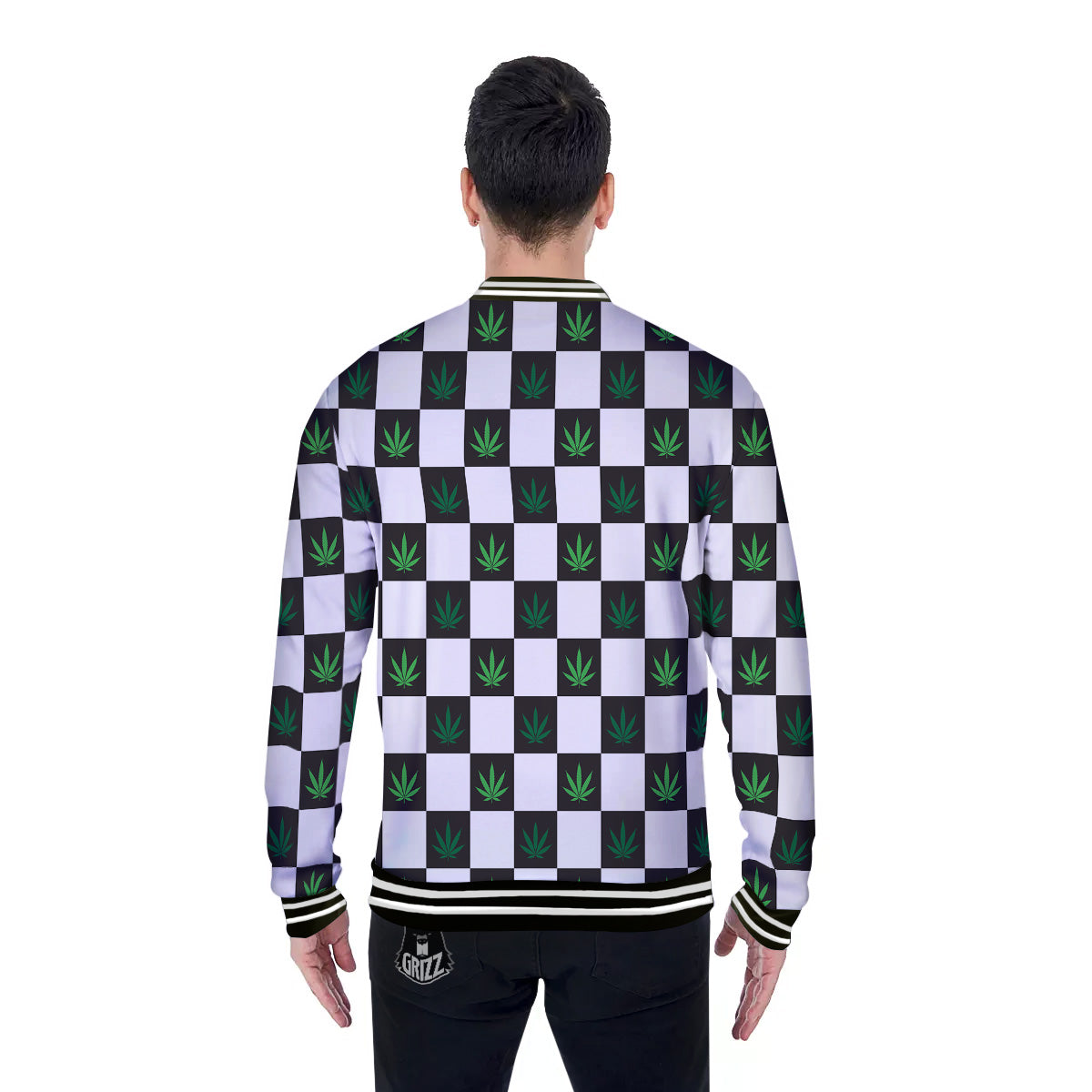 Checked Green Weed Print Pattern Baseball Jacket-grizzshop