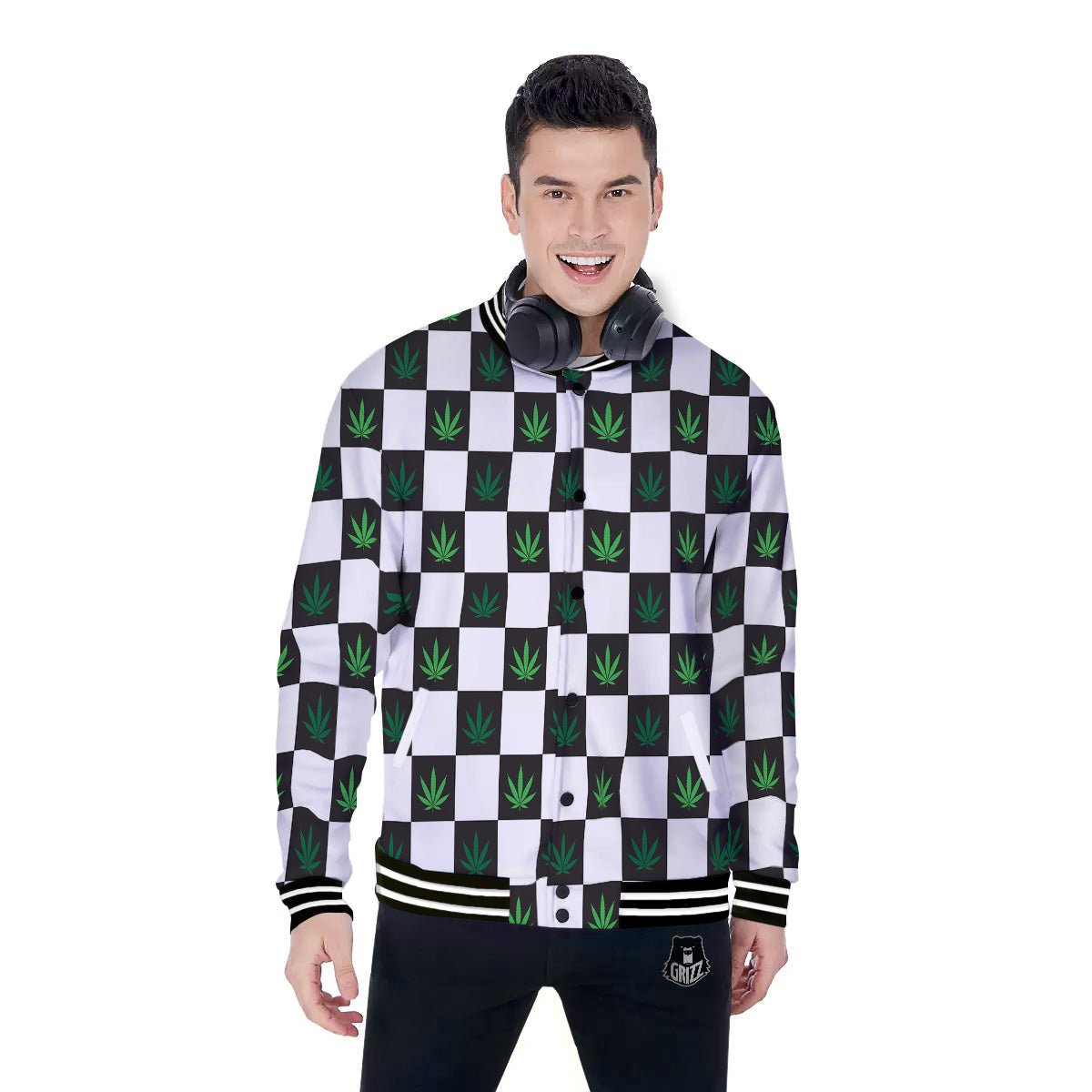 Checked Green Weed Print Pattern Baseball Jacket-grizzshop
