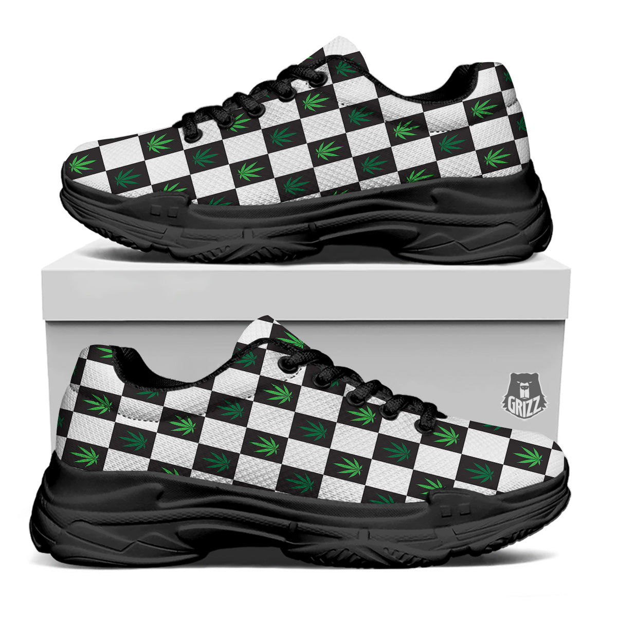 Checked Green Weed Print Pattern Black Chunky Shoes-grizzshop
