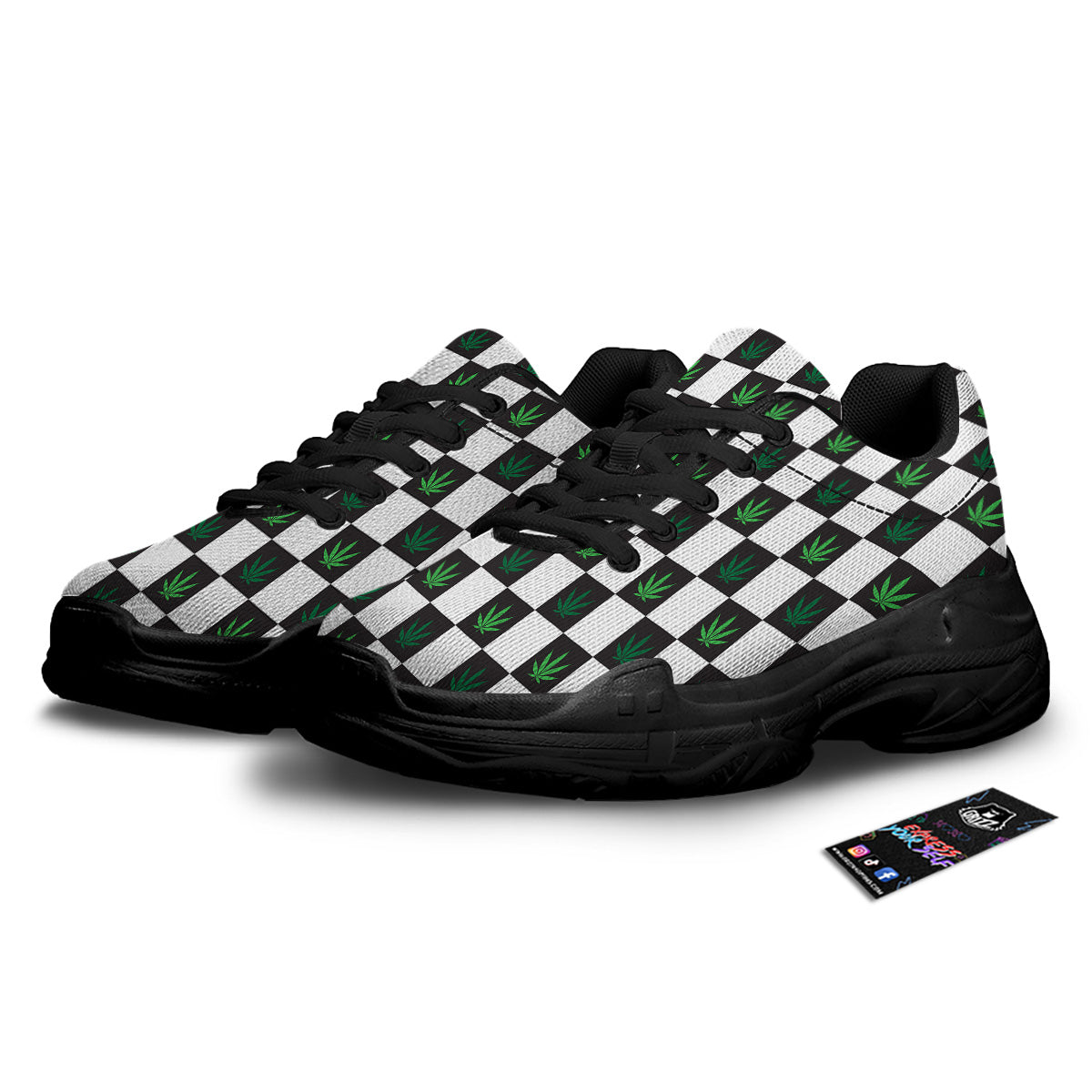 Checked Green Weed Print Pattern Black Chunky Shoes-grizzshop