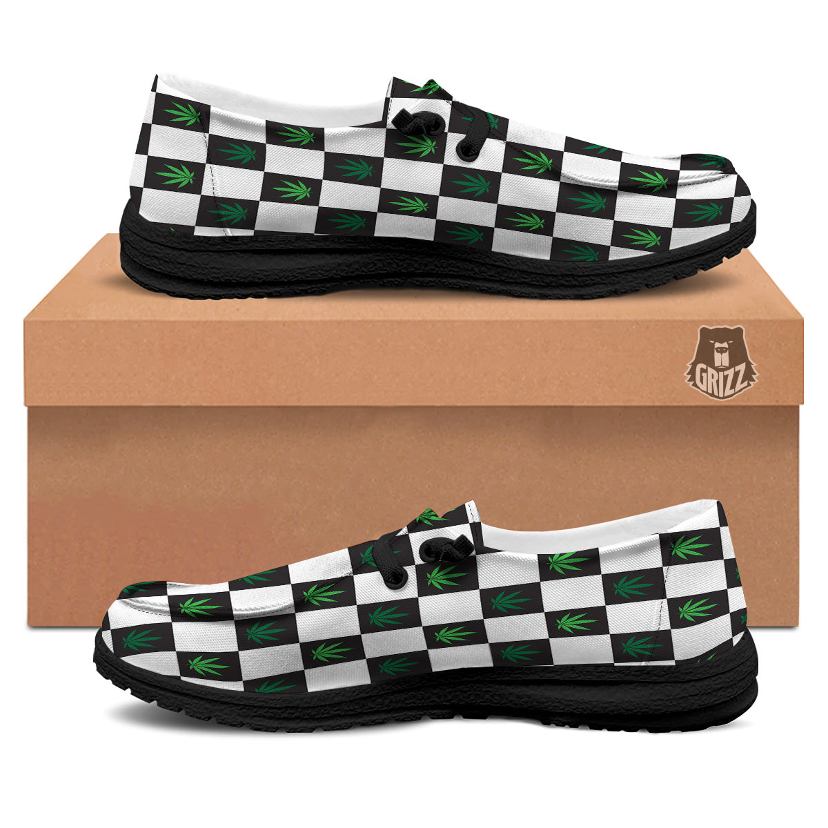 Checked Green Weed Print Pattern Black Loafers-grizzshop