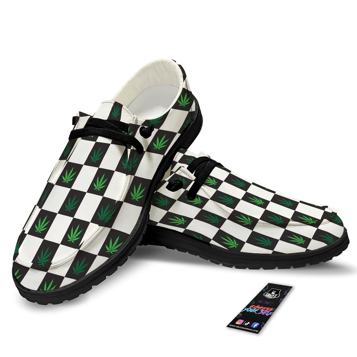 Checked Green Weed Print Pattern Black Loafers-grizzshop