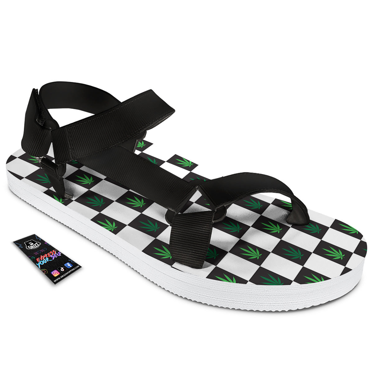 Checked Green Weed Print Pattern Black Open Toe Sandals-grizzshop