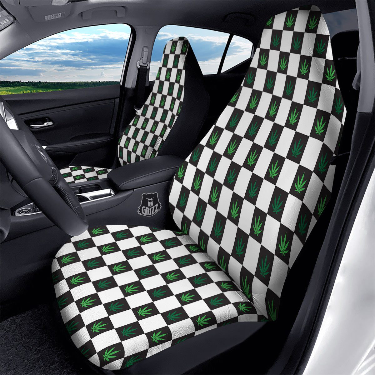 Checked Green Weed Print Pattern Car Seat Covers-grizzshop