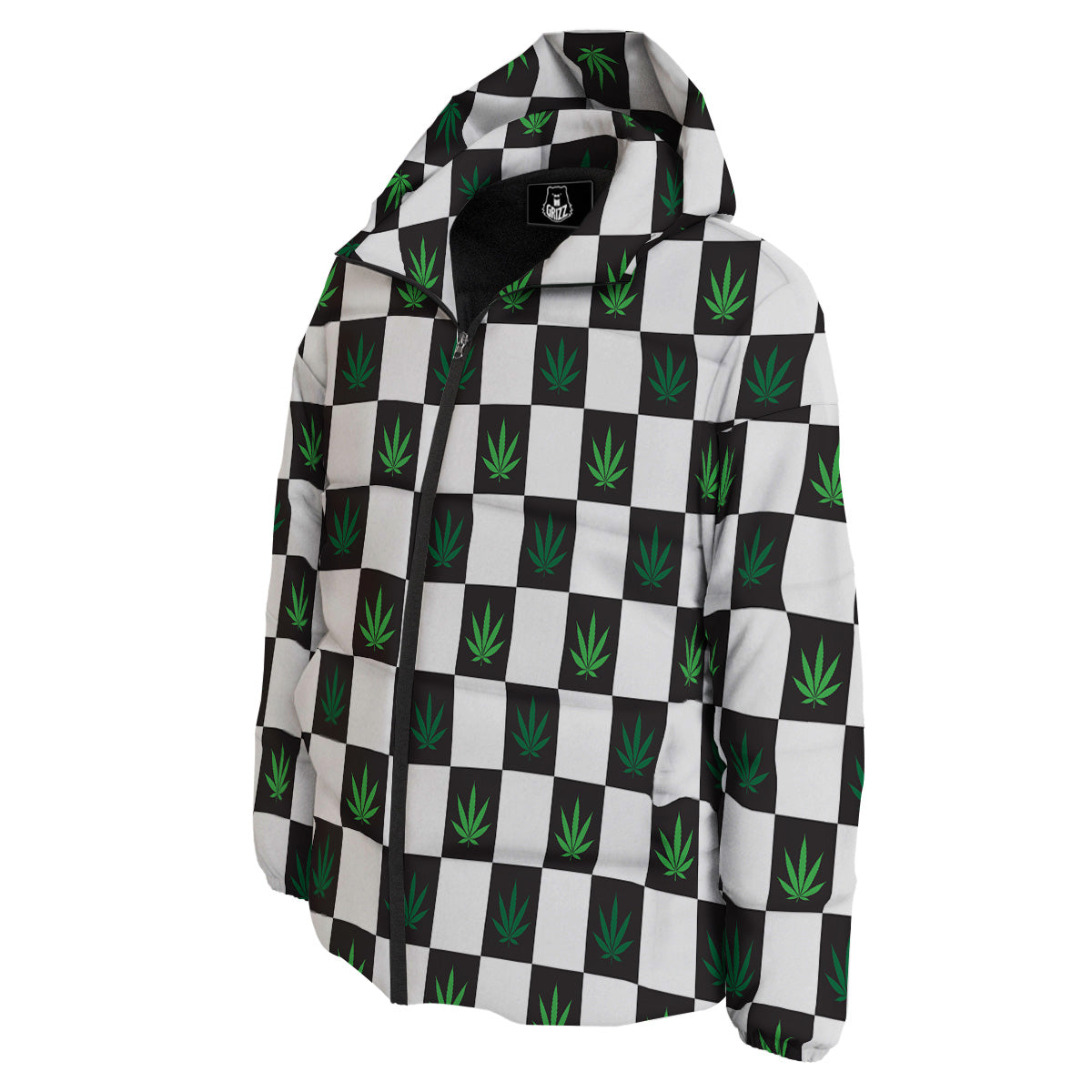 Checked Green Weed Print Pattern Down Jacket-grizzshop