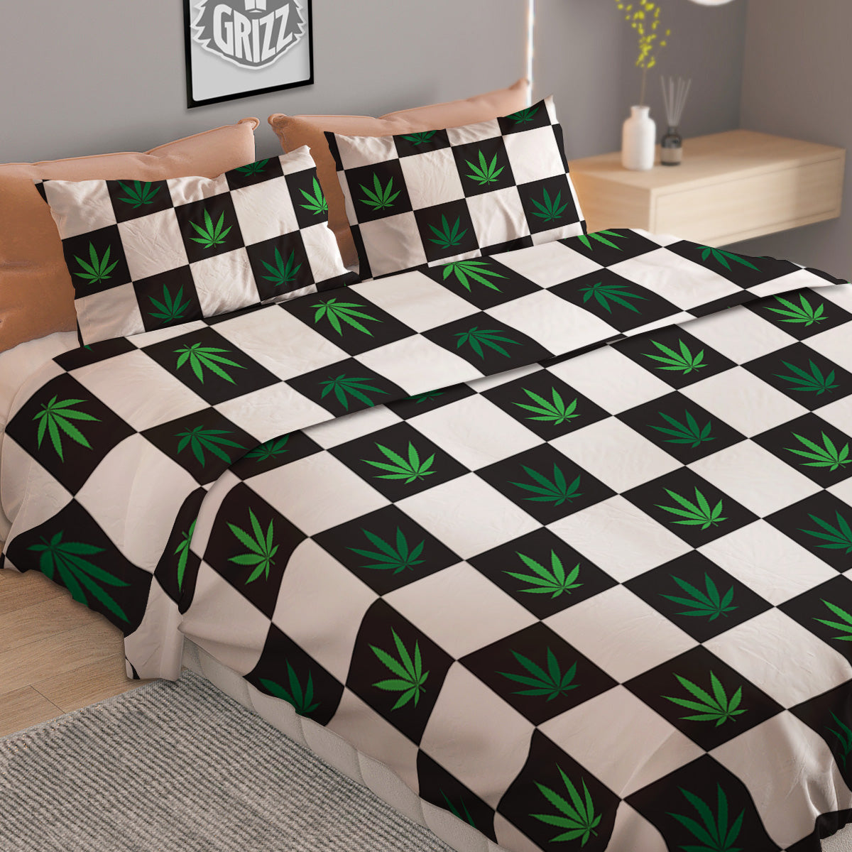 Checked Green Weed Print Pattern Duvet Cover Bedding Set