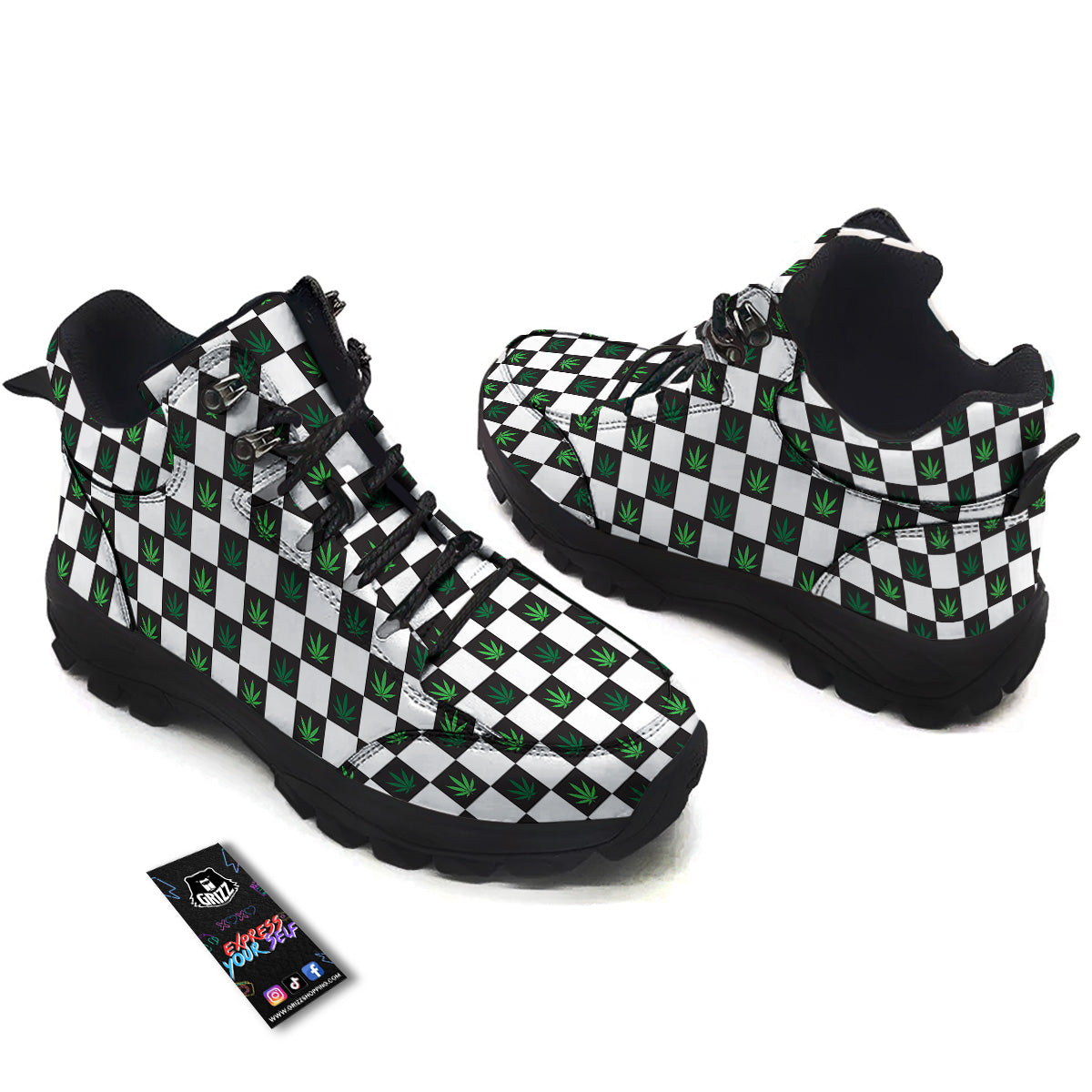 Checked Green Weed Print Pattern Hiking Shoes-grizzshop