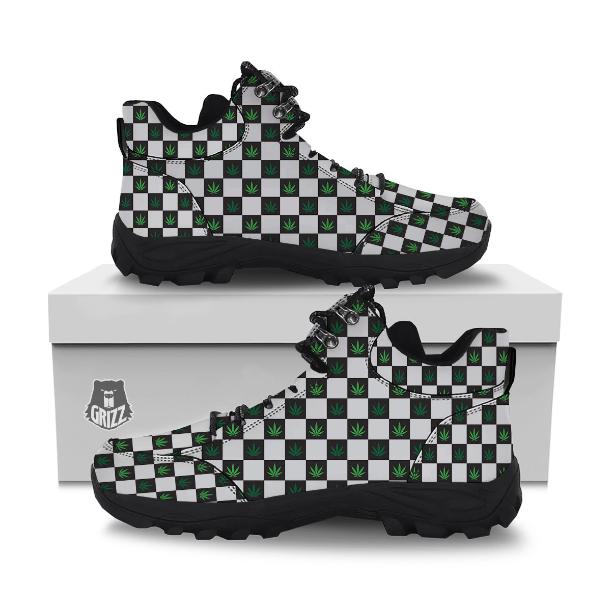 Checked Green Weed Print Pattern Hiking Shoes-grizzshop
