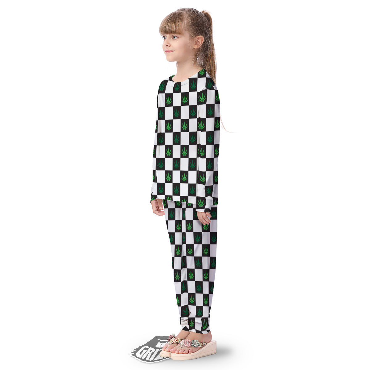 Checked Green Weed Print Pattern Kid's Pajamas-grizzshop