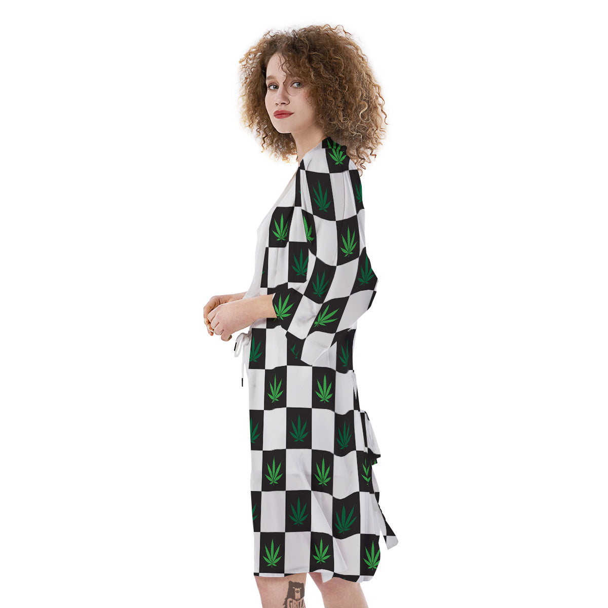 Checked Green Weed Print Pattern Kimono-grizzshop