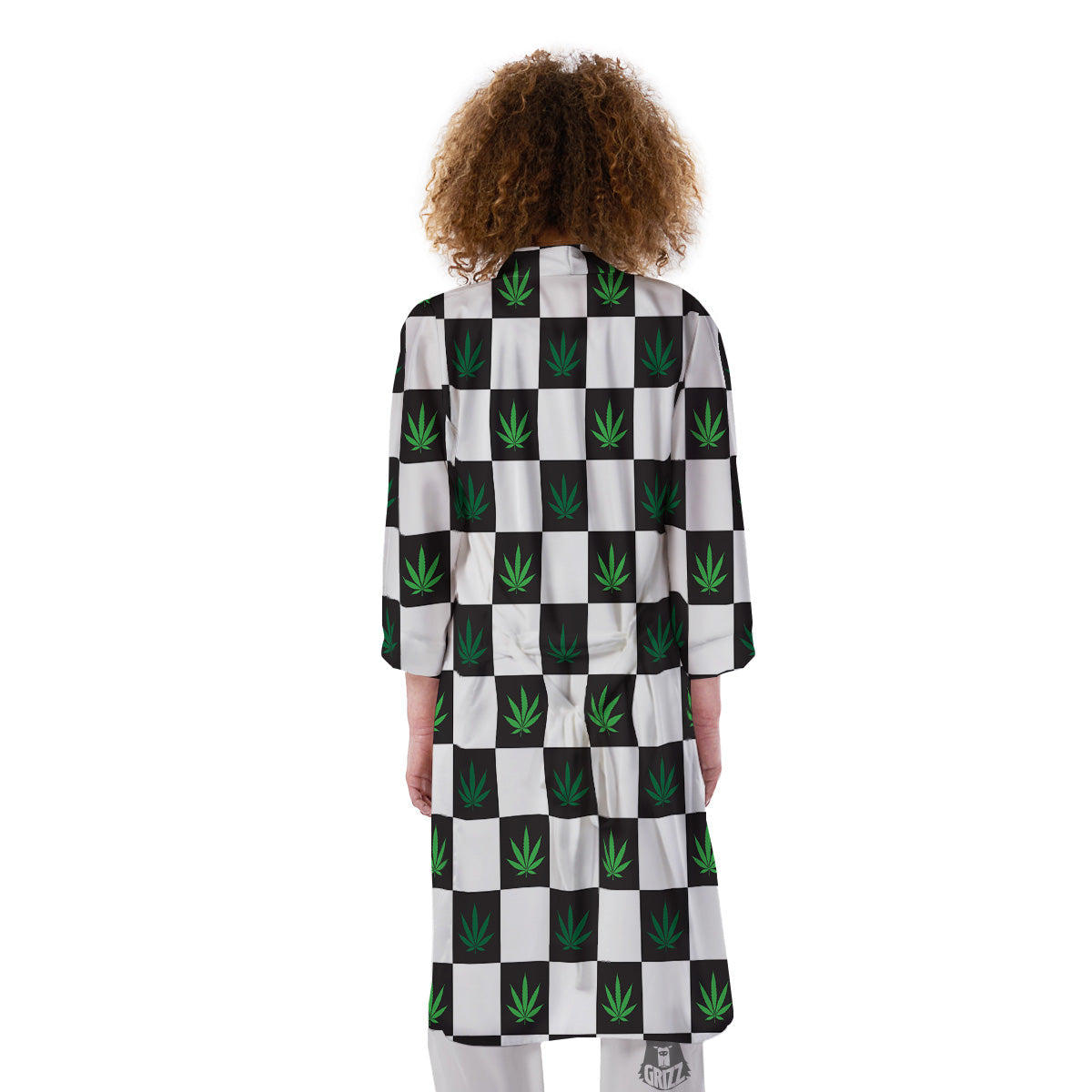 Checked Green Weed Print Pattern Kimono-grizzshop