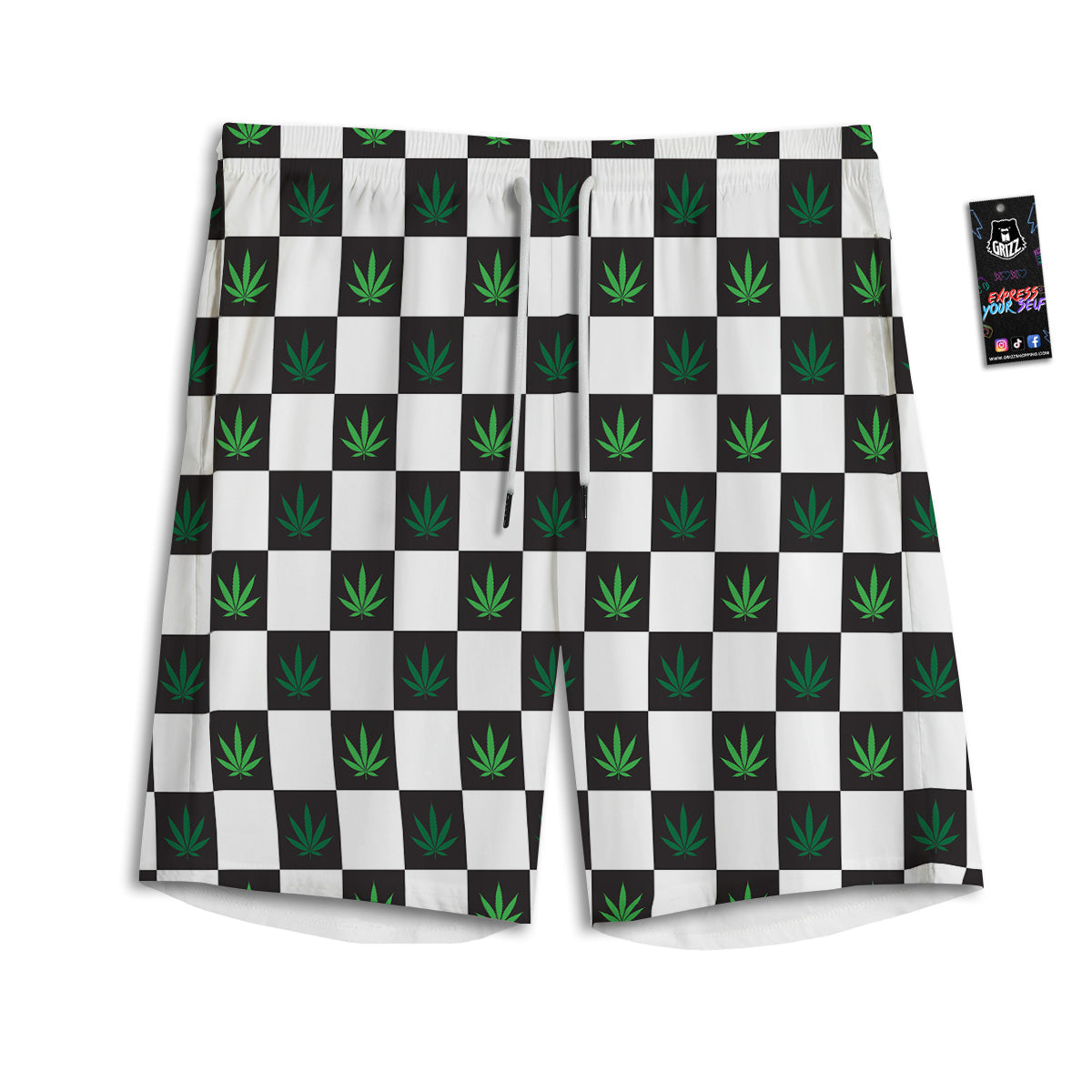 Checked Green Weed Print Pattern Men's Athletic Shorts