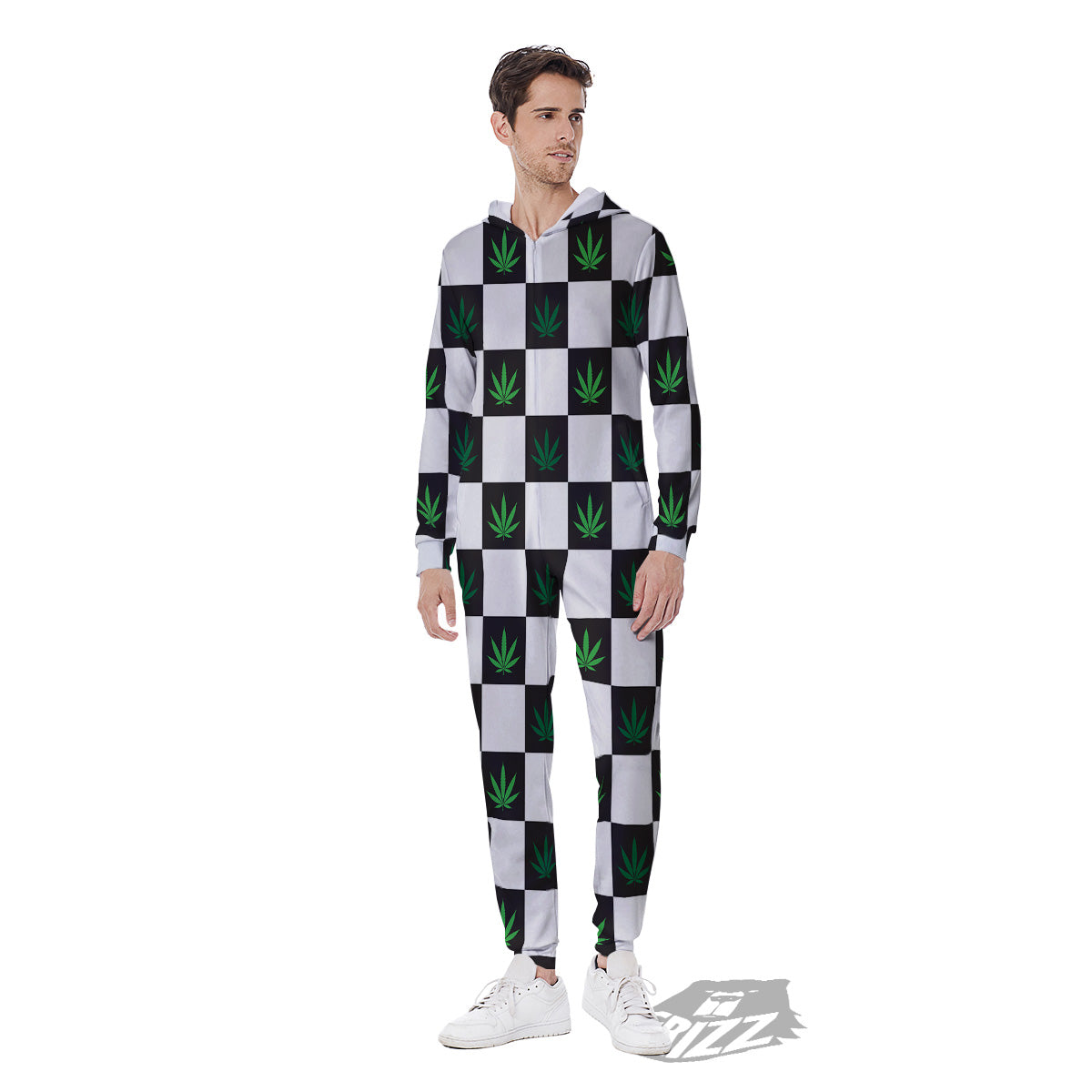 Checked Green Weed Print Pattern Men's Jumpsuit-grizzshop