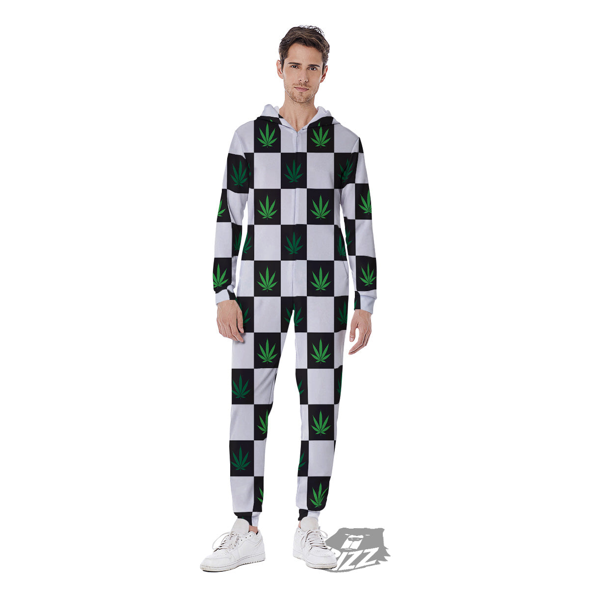 Checked Green Weed Print Pattern Men's Jumpsuit-grizzshop