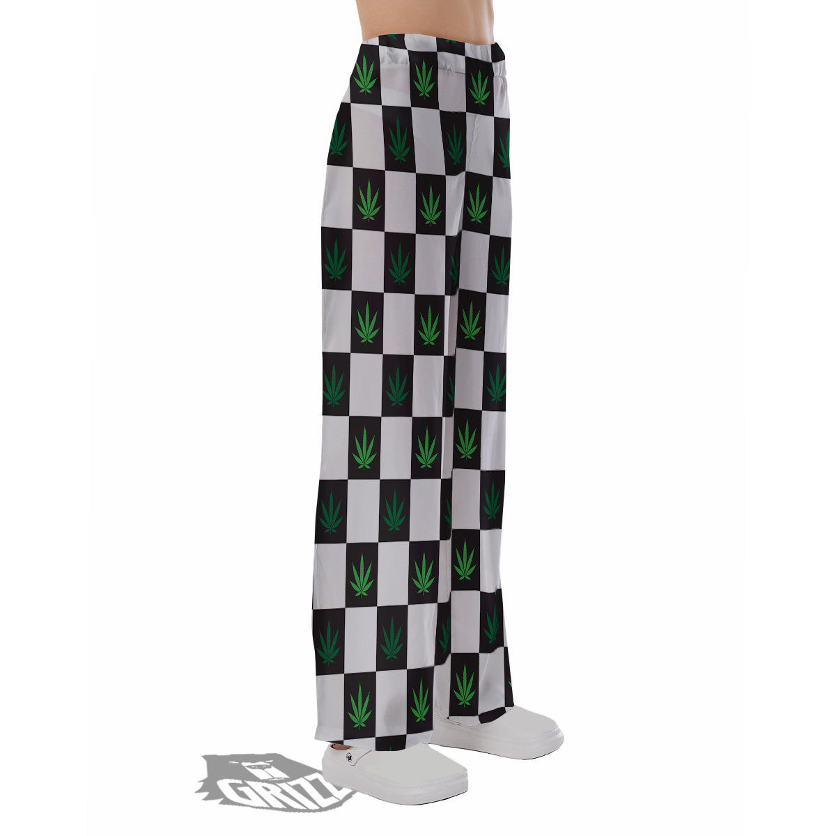 Checked Green Weed Print Pattern Pajama Pants-grizzshop