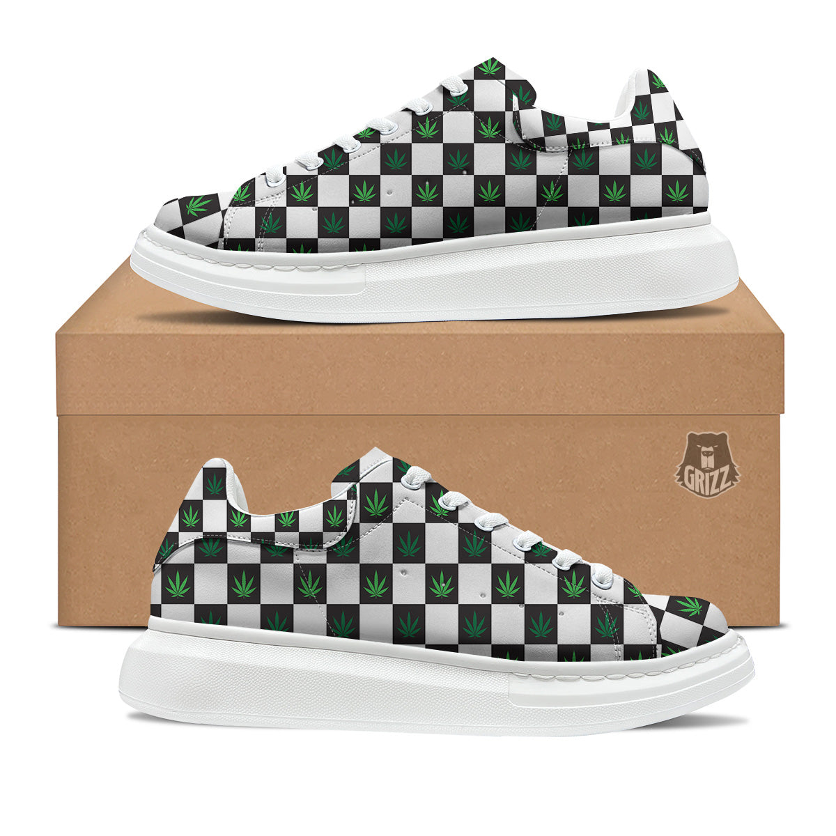 Checked Green Weed Print Pattern Platform Shoes-grizzshop