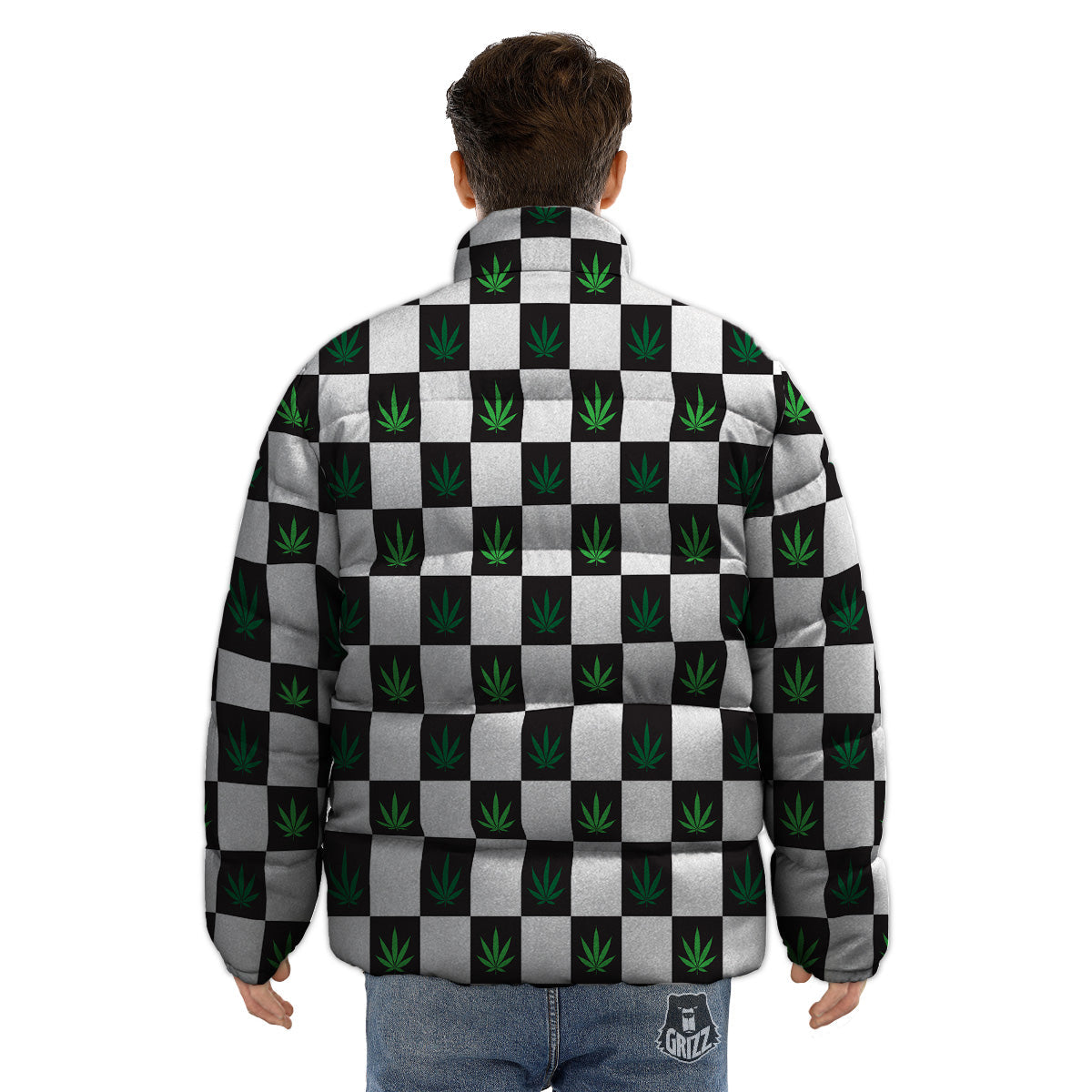 Checked Green Weed Print Pattern Puffer Jacket-grizzshop