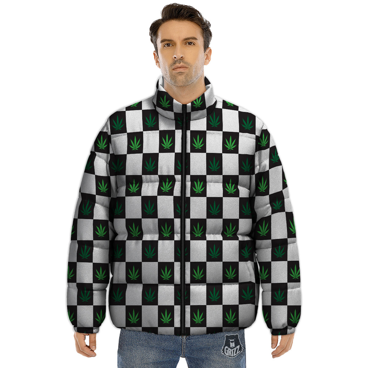 Checked Green Weed Print Pattern Puffer Jacket-grizzshop