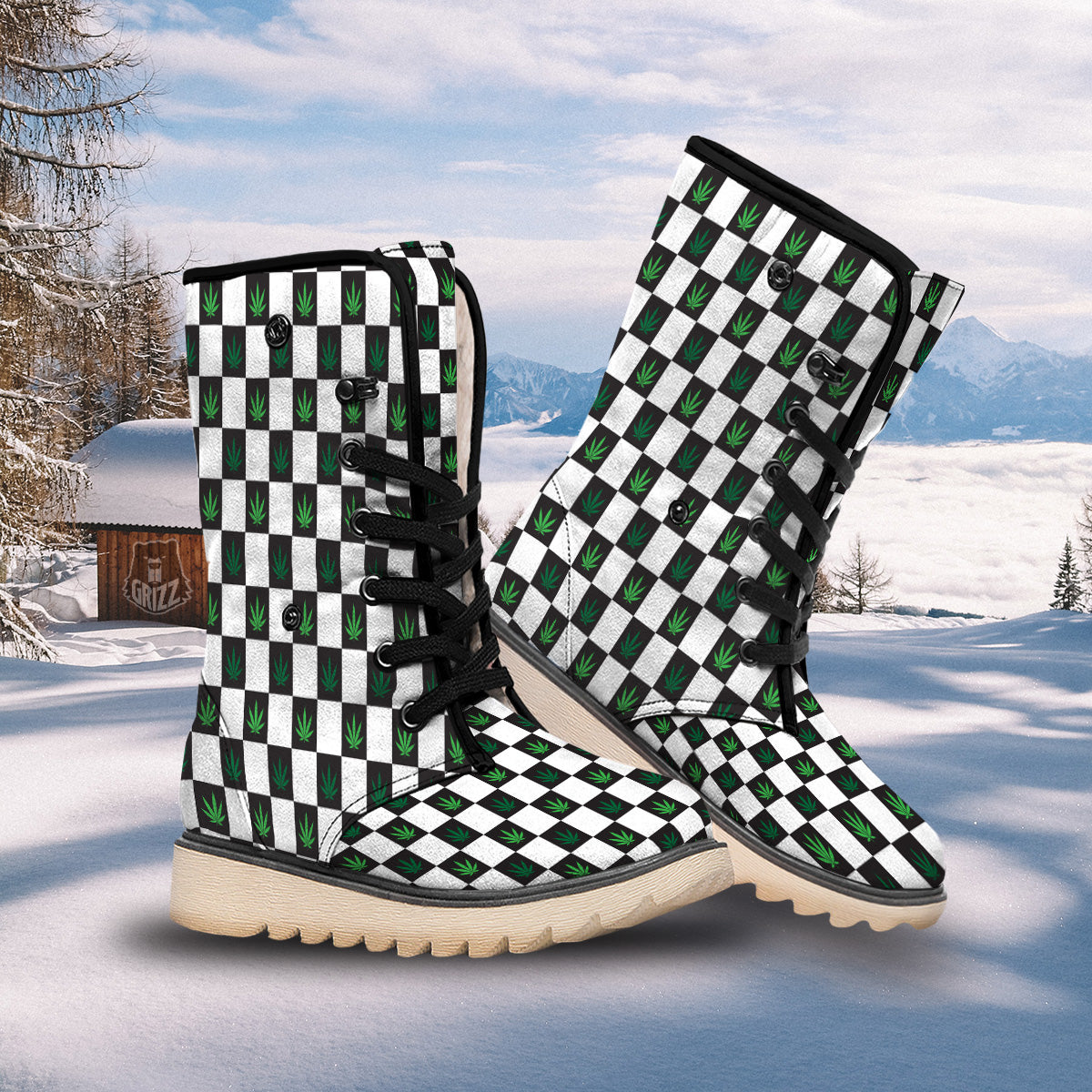Checked Green Weed Print Pattern Snow Boots-grizzshop