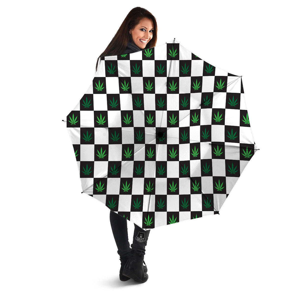 Checked Green Weed Print Pattern Umbrella-grizzshop
