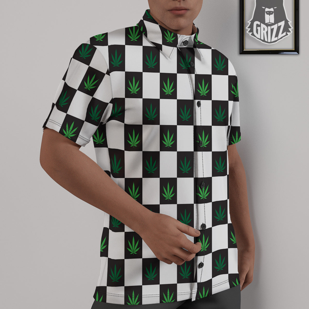 Checked Green Weed Print Pattern Untucked Shirts-grizzshop