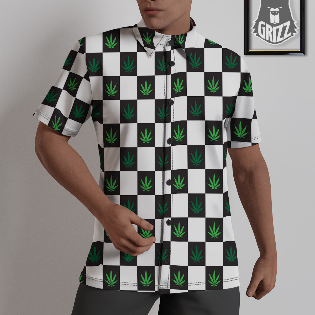 Checked Green Weed Print Pattern Untucked Shirts-grizzshop