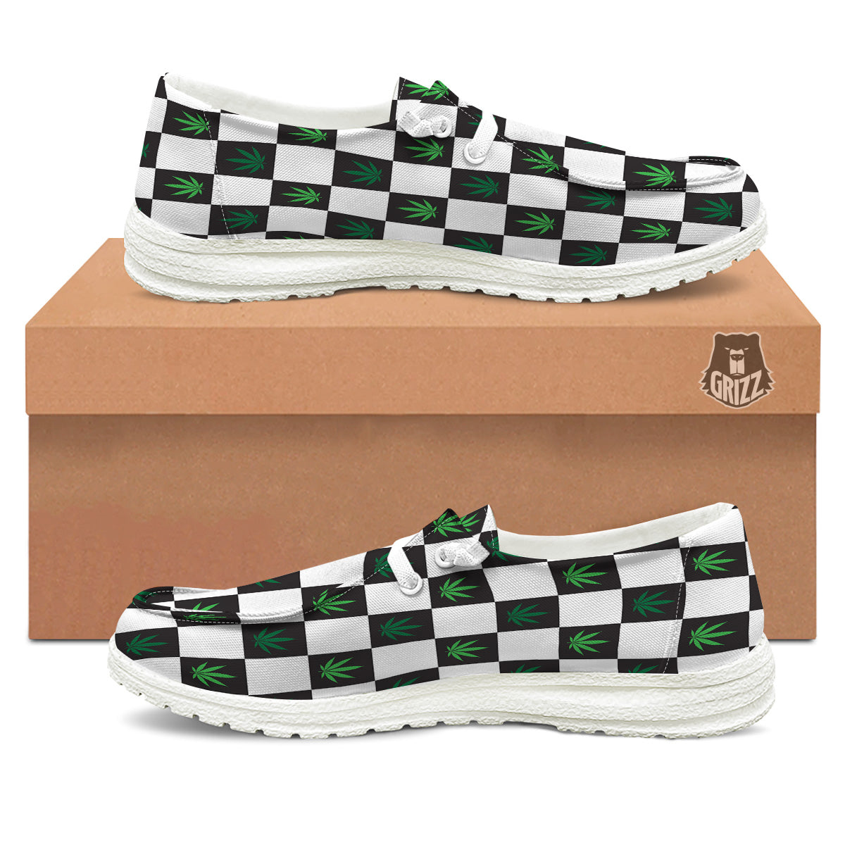Checked Green Weed Print Pattern White Loafers-grizzshop