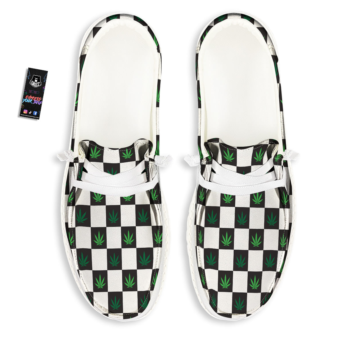 Checked Green Weed Print Pattern White Loafers-grizzshop