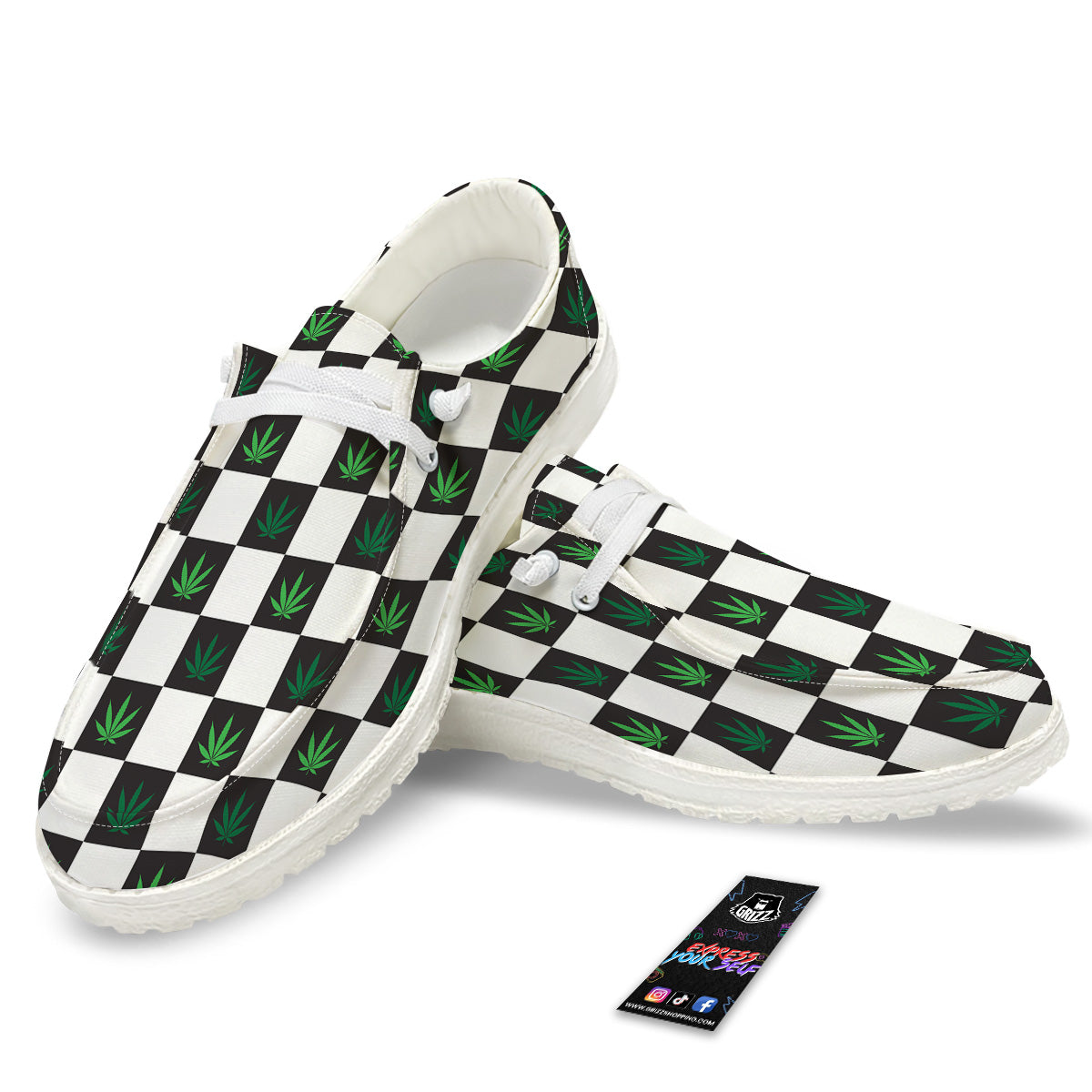 Checked Green Weed Print Pattern White Loafers-grizzshop