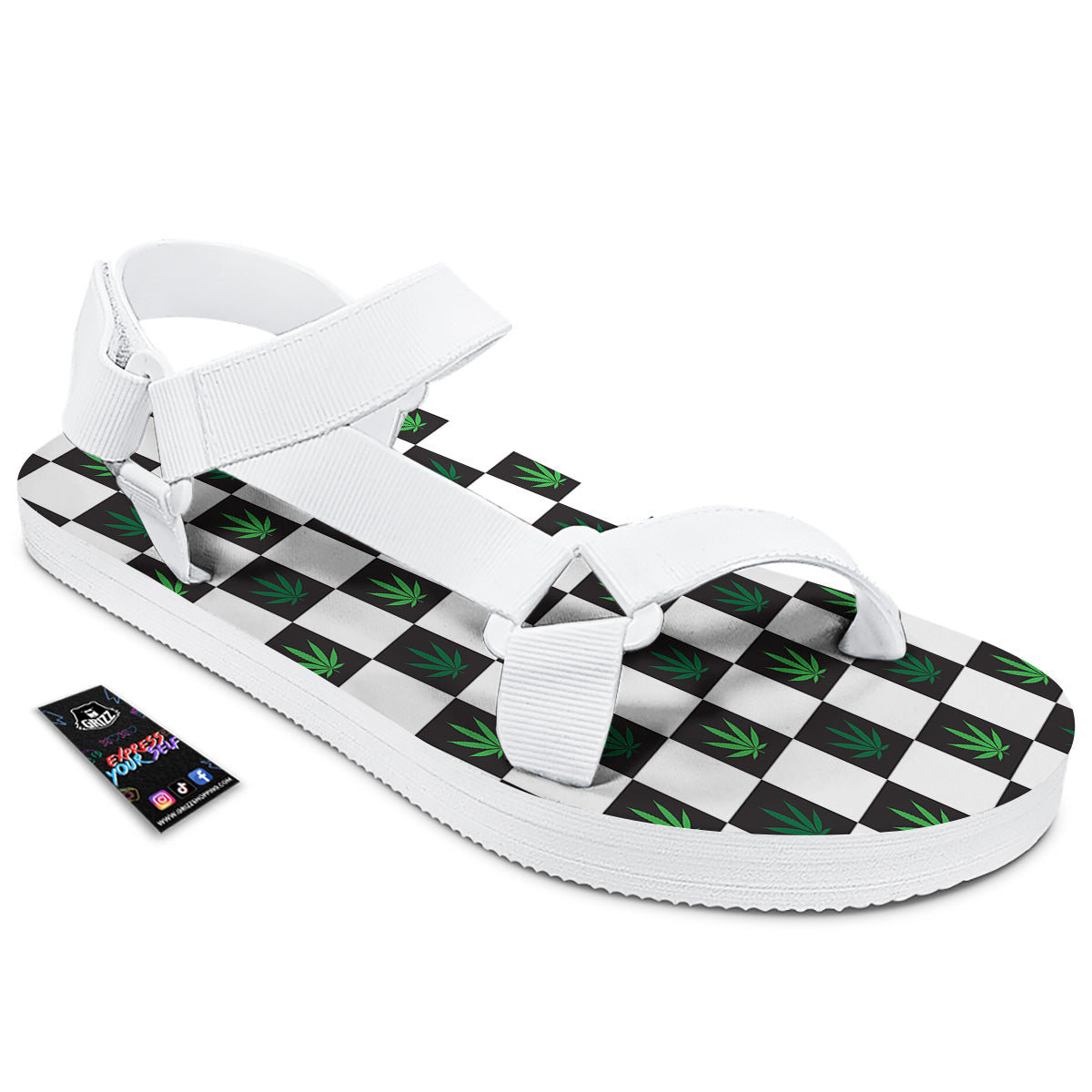 Checked Green Weed Print Pattern White Open Toe Sandals-grizzshop