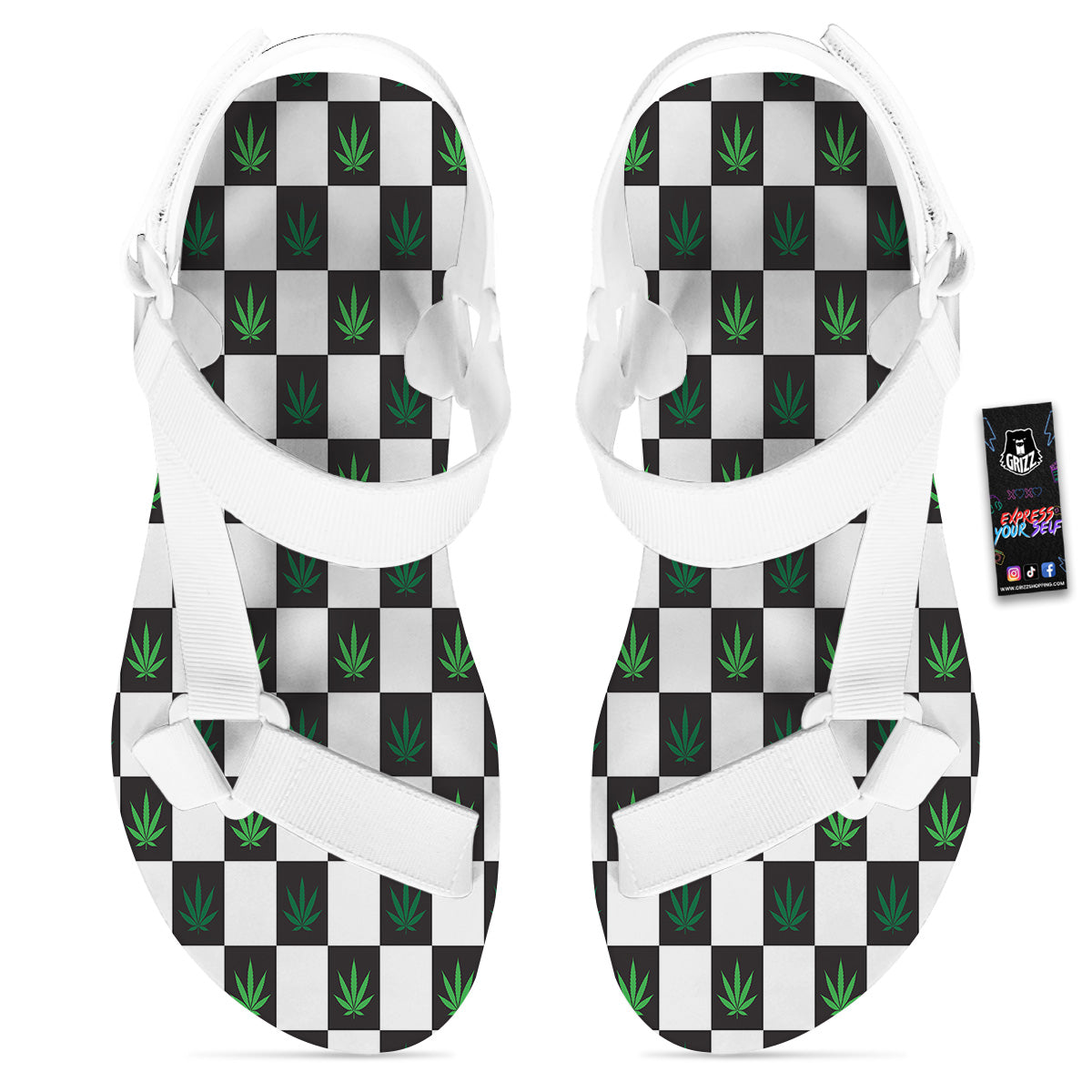 Checked Green Weed Print Pattern White Open Toe Sandals-grizzshop