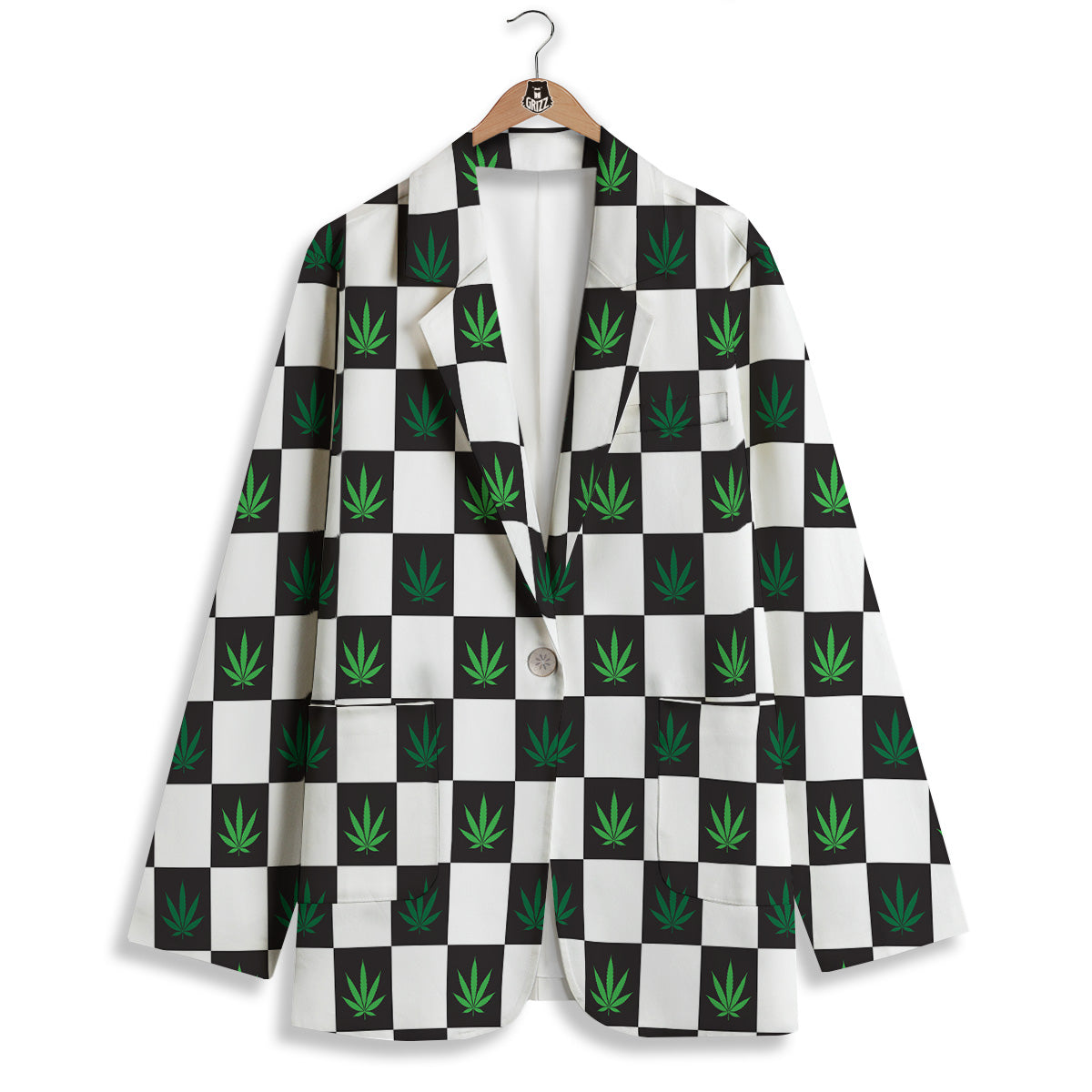 Checked Green Weed Print Pattern Women's Blazer-grizzshop
