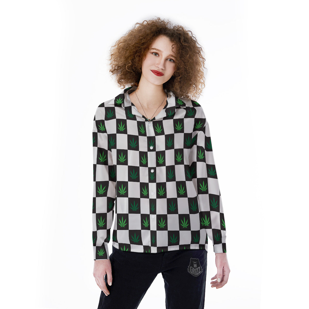 Checked Green Weed Print Pattern Women's Long Sleeve Shirts-grizzshop