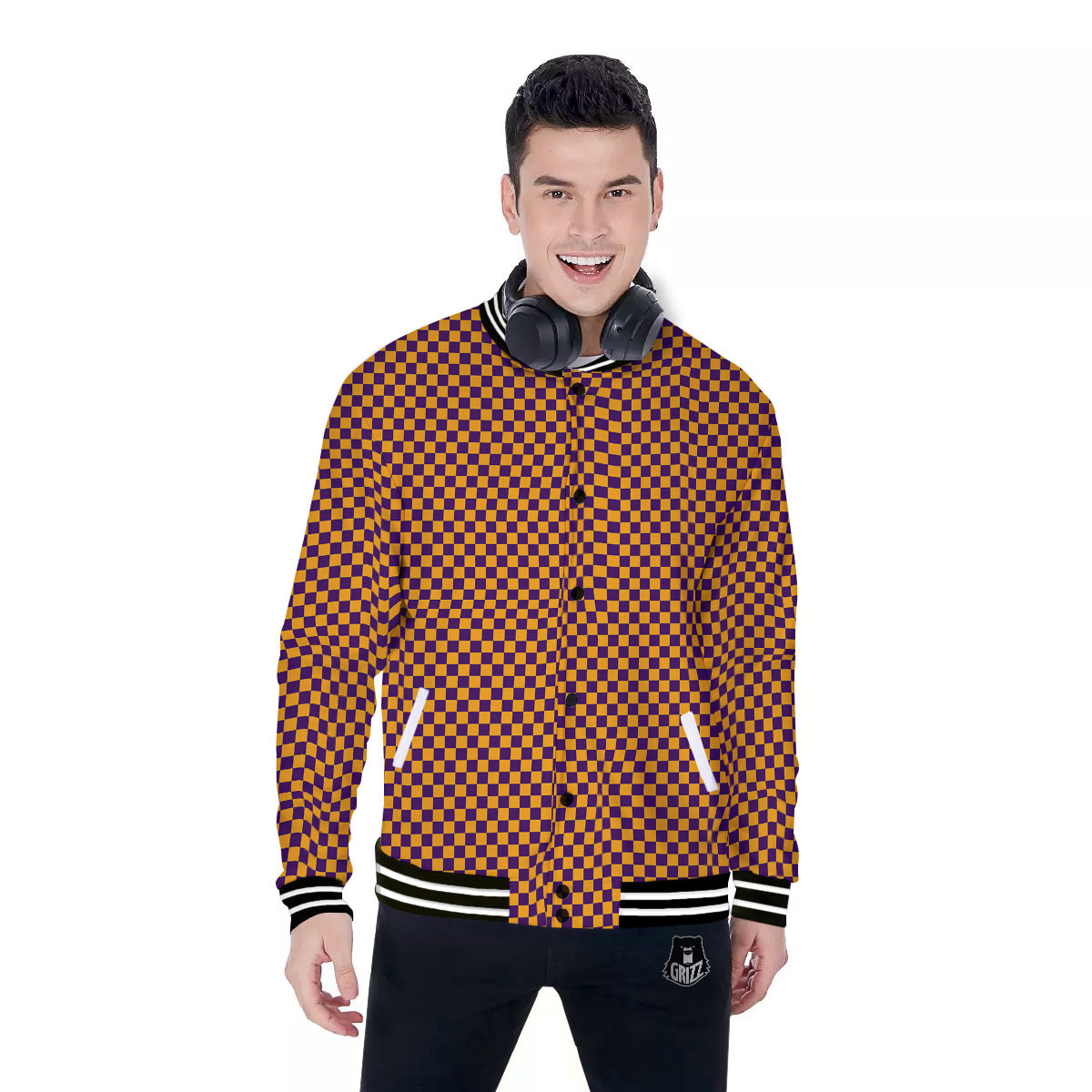 Checked Halloween Print Pattern Baseball Jacket-grizzshop