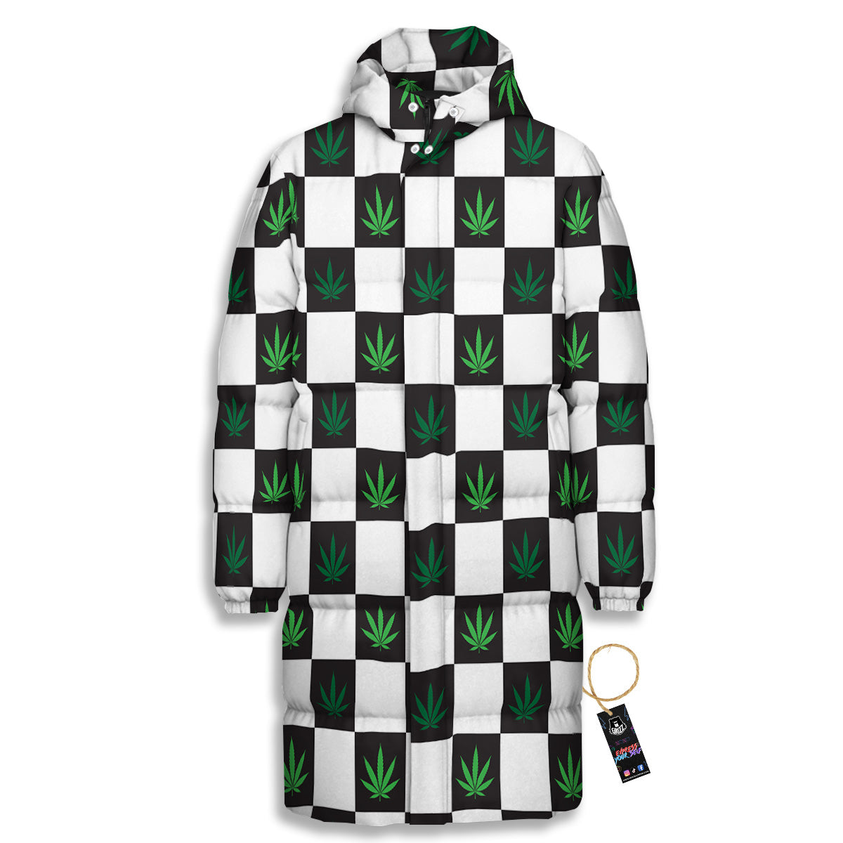 Checked Green Weed Print Pattern Long Down Jacket