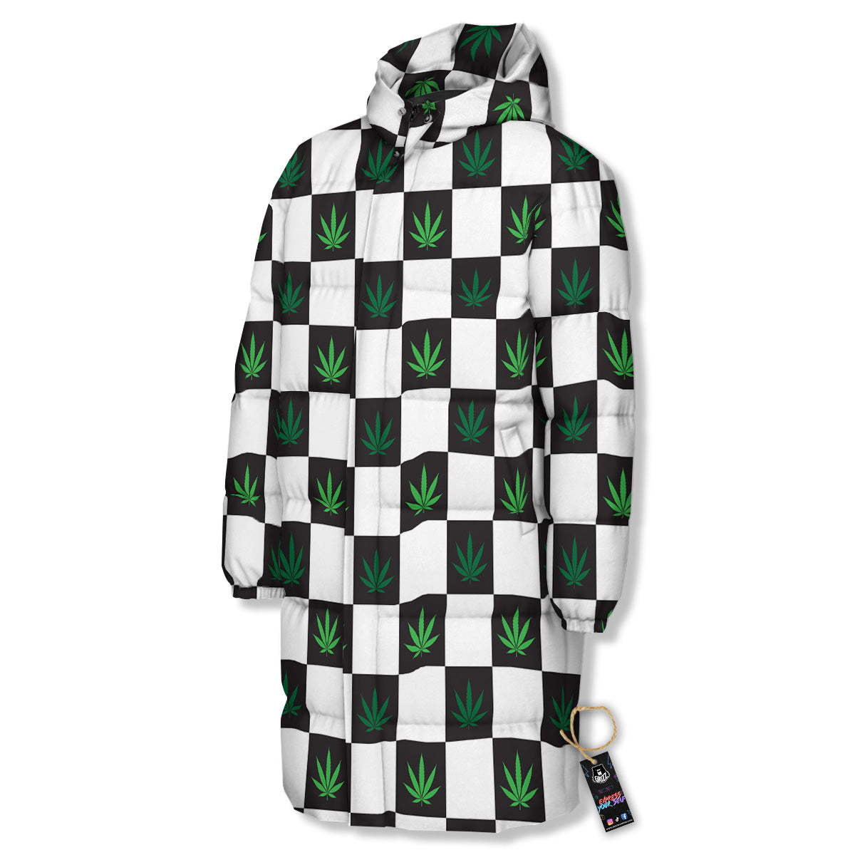 Checked Green Weed Print Pattern Long Down Jacket