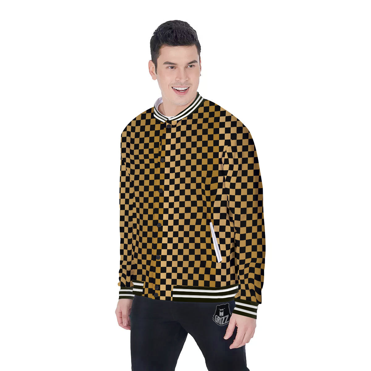 Checkered Black And Gold Print Pattern Baseball Jacket-grizzshop