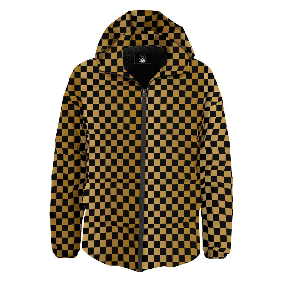 Checkered Black And Gold Print Pattern Down Jacket-grizzshop
