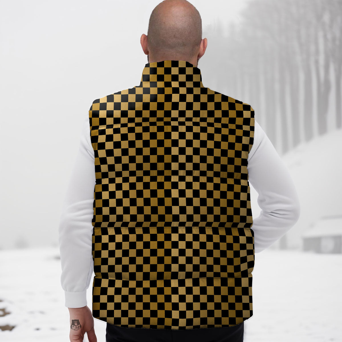 Checkered Black And Gold Print Pattern Down Vest