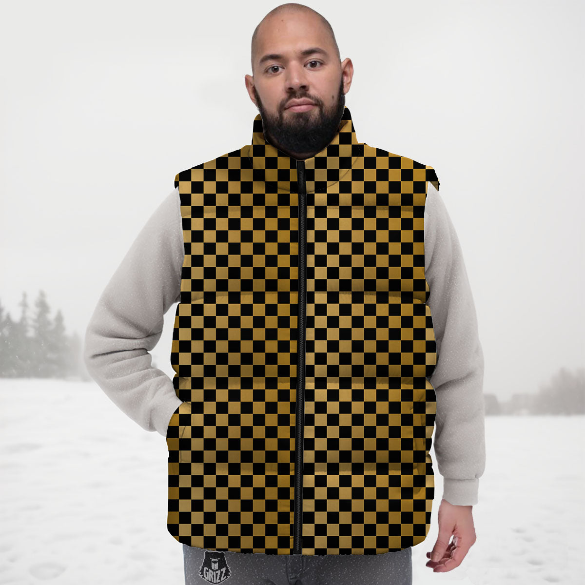 Checkered Black And Gold Print Pattern Down Vest