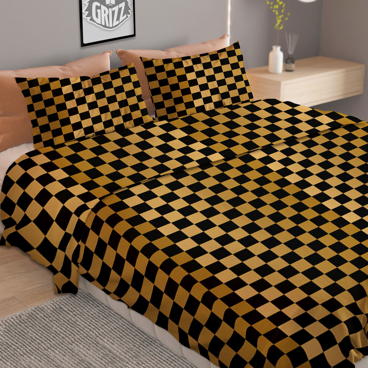 Checkered Black And Gold Print Pattern Duvet Cover Bedding Set